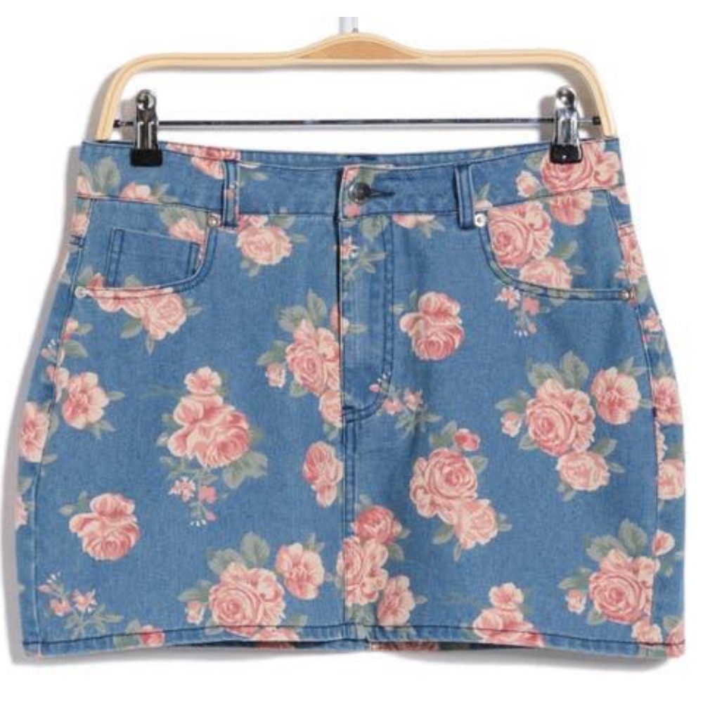 Vigoss Floral Denim Mini Skirt Blue Pink 26 Cottagecore Soft Girl Y2K Boho Rose